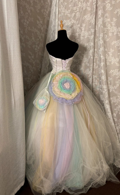 Dopamine Style Strapless A-Line Evening Dress Handmade Flowers Sequins Lace Prom Dress AP2983