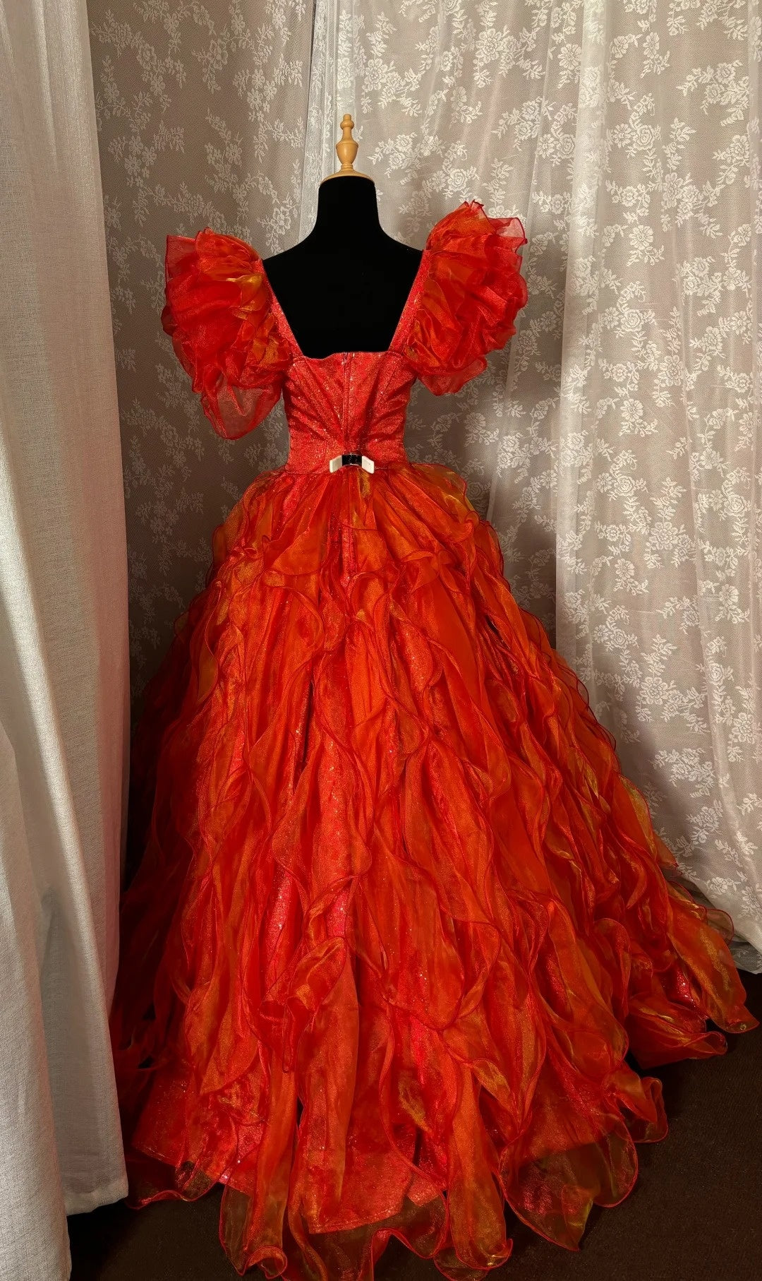 Elegant Square Neck A-Line Formal Dress Sequins Ruffles Short Sleeve Red Prom Dress AP2985