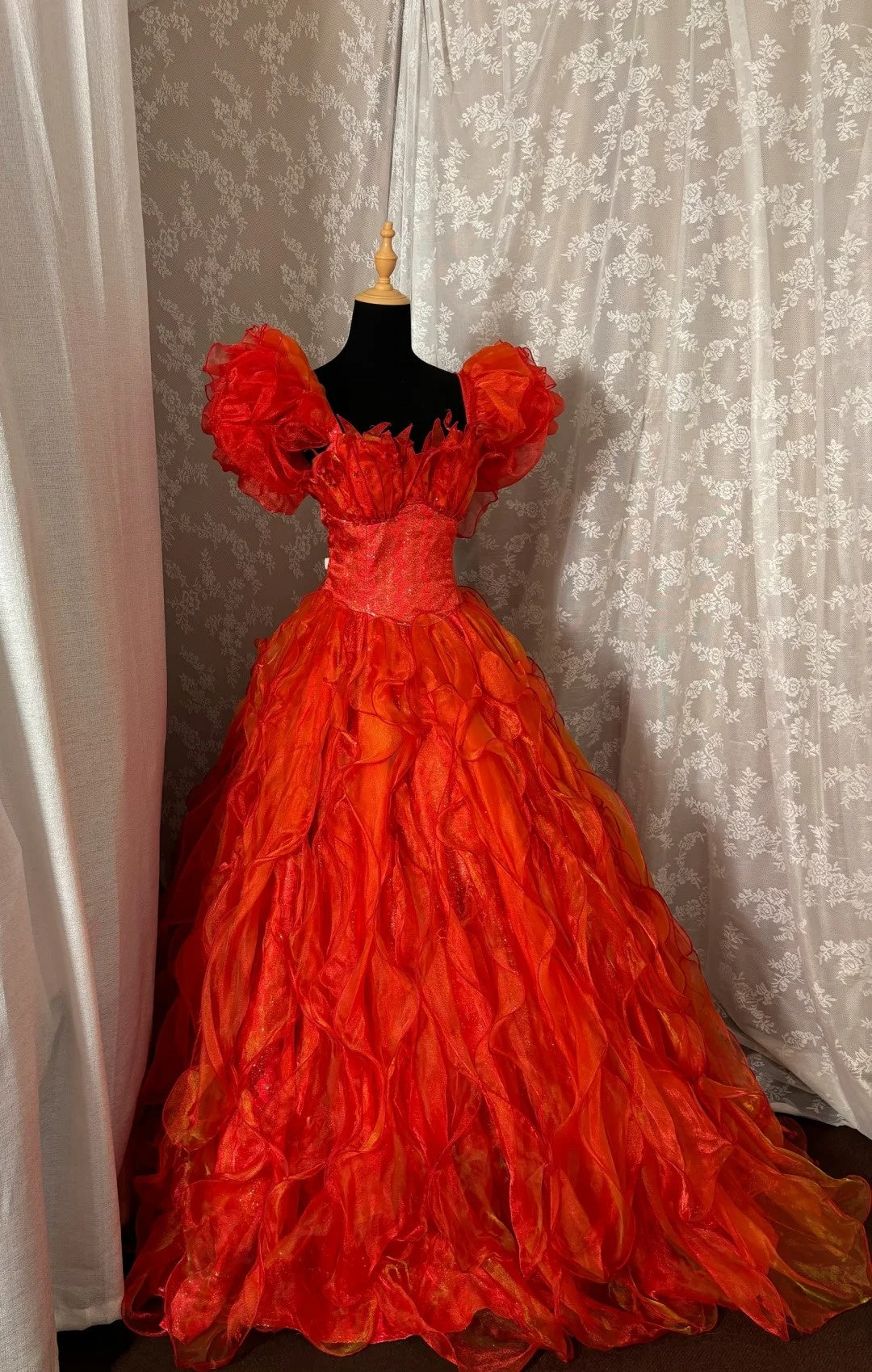 Elegant Square Neck A-Line Formal Dress Sequins Ruffles Short Sleeve Red Prom Dress AP2985