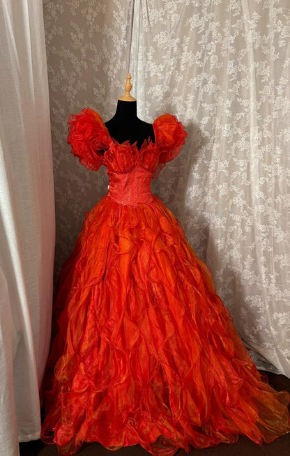 Elegant Square Neck A-Line Formal Dress Sequins Ruffles Short Sleeve Red Prom Dress AP2985