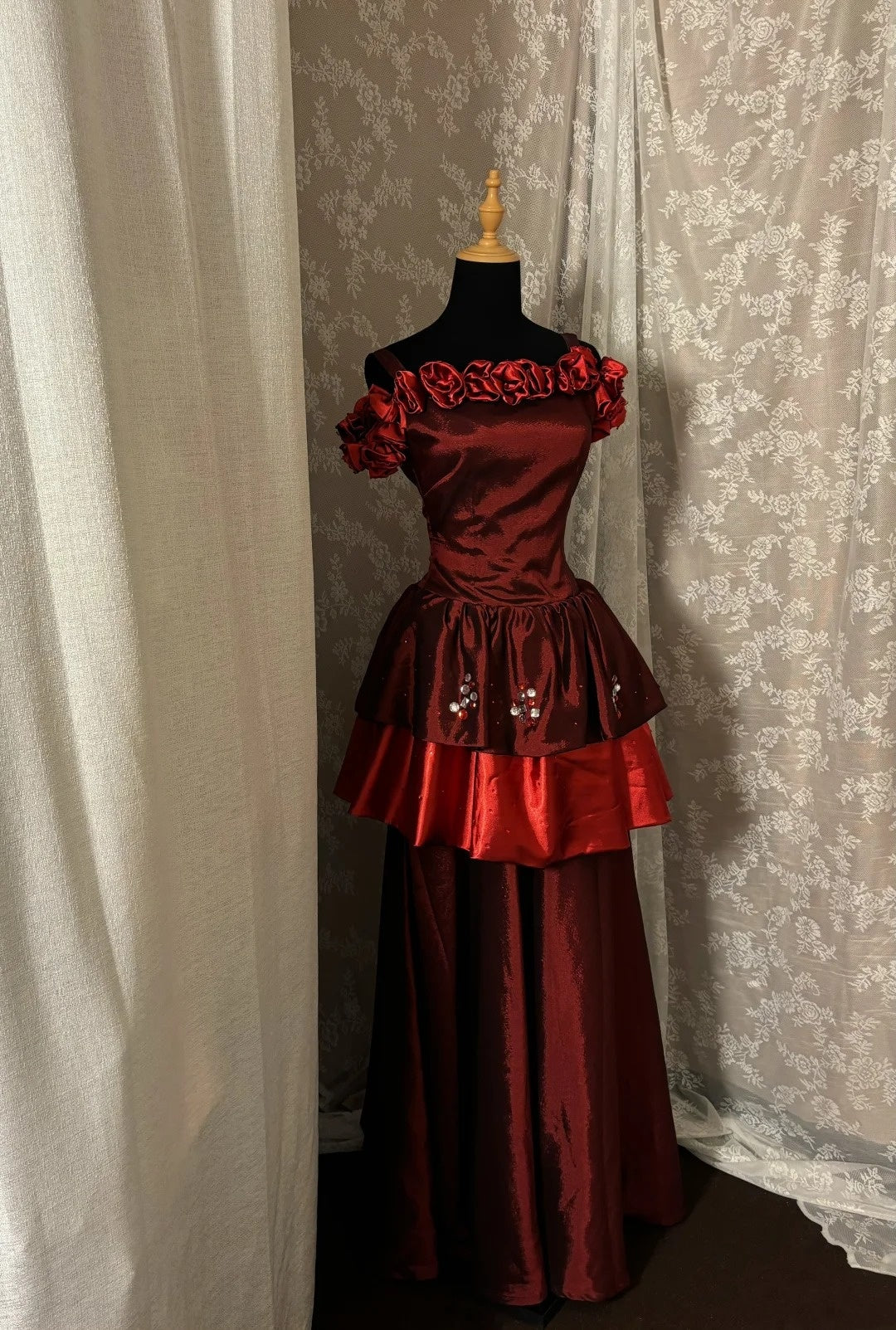 Fantastic Off-Shoulder A-Line Formal Dresses Sequins Beaded Handmade Flowers Red Prom Dress AP2987