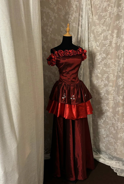 Fantastic Off-Shoulder A-Line Formal Dresses Sequins Beaded Handmade Flowers Red Prom Dress AP2987