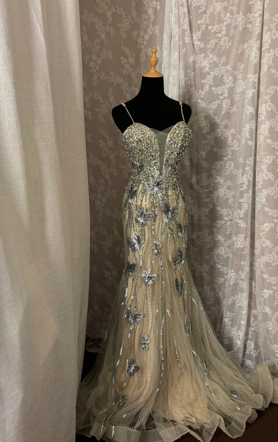 Sweet Spaghetti Straps Mermaid Formal Dresses Tulle Sequins Appliques Beads Prom Dress AP2988