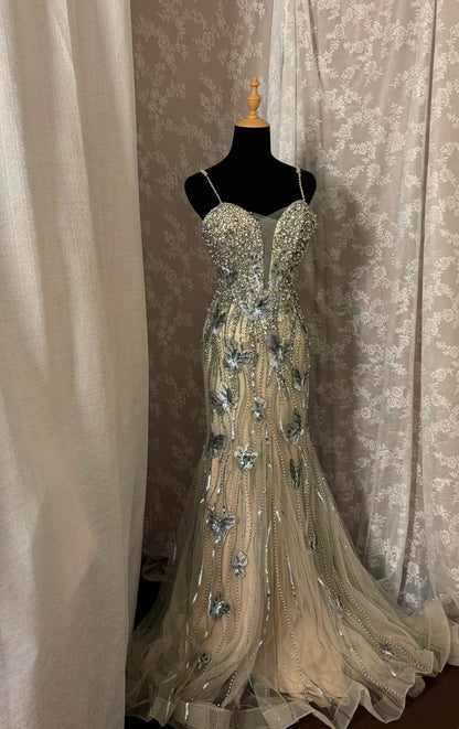 Sweet Spaghetti Straps Mermaid Formal Dresses Tulle Sequins Appliques Beads Prom Dress AP2988