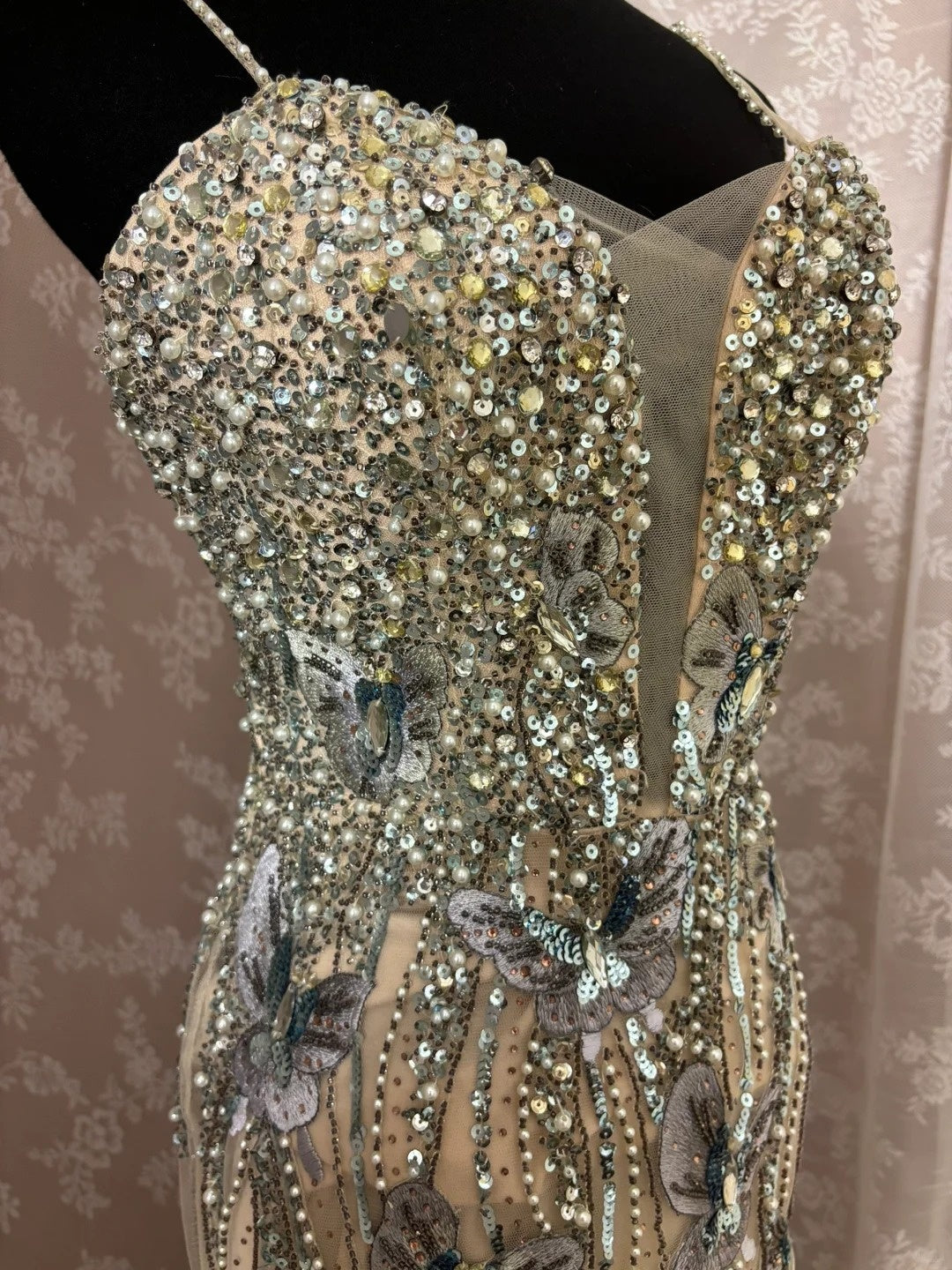 Sweet Spaghetti Straps Mermaid Formal Dresses Tulle Sequins Appliques Beads Prom Dress AP2988