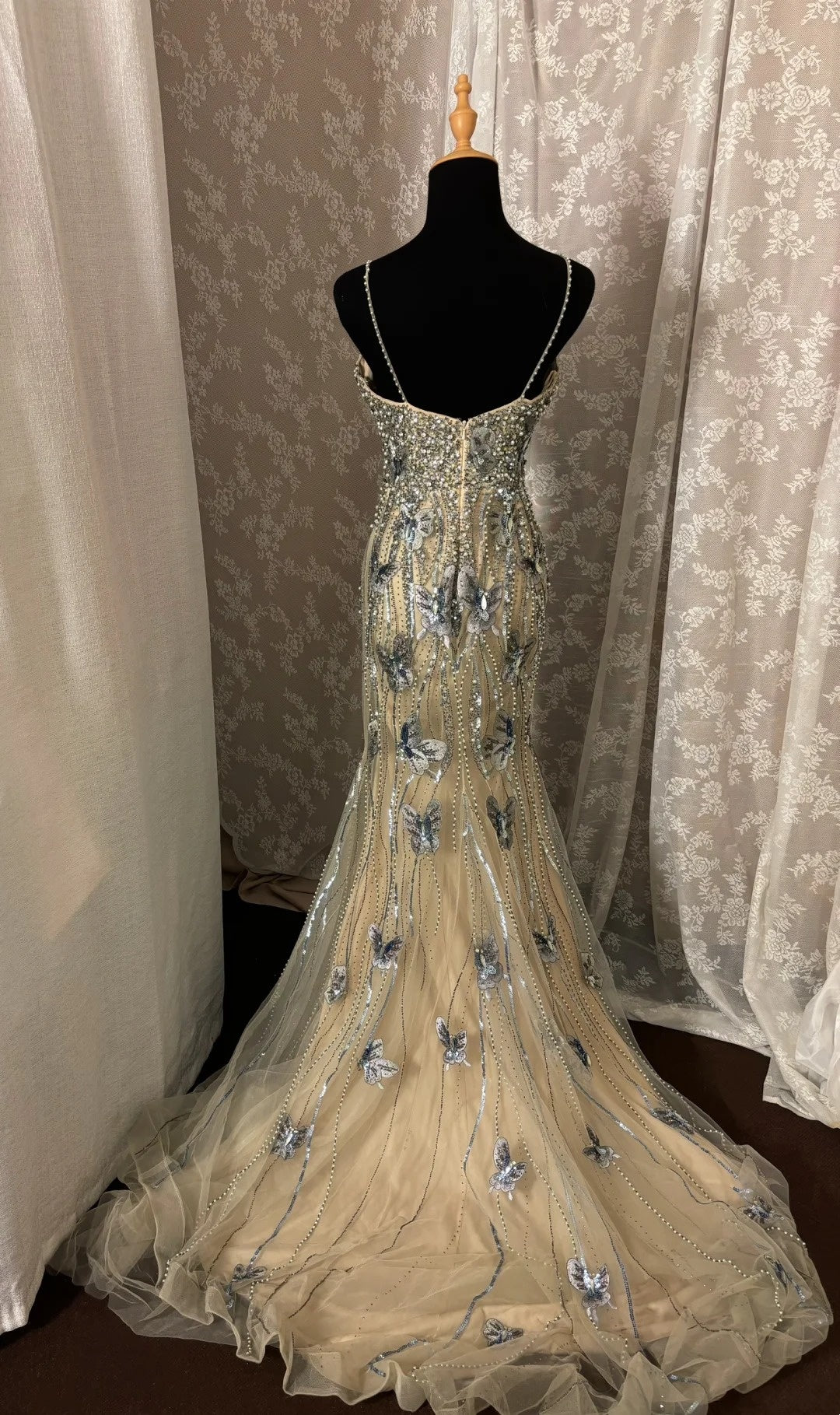 Sweet Spaghetti Straps Mermaid Formal Dresses Tulle Sequins Appliques Beads Prom Dress AP2988