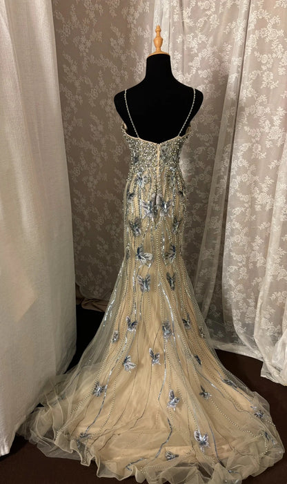 Sweet Spaghetti Straps Mermaid Formal Dresses Tulle Sequins Appliques Beads Prom Dress AP2988