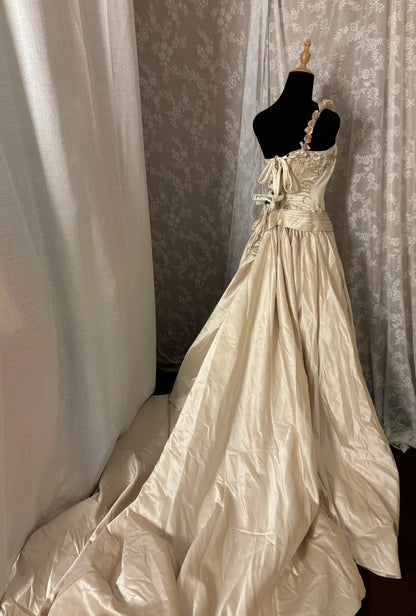 Vintage One Shoulder A-Line Evening Gowns Handmade Flowers Sequins Appliques Prom Dress AP2990