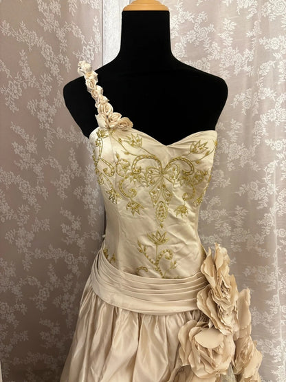 Vintage One Shoulder A-Line Evening Gowns Handmade Flowers Sequins Appliques Prom Dress AP2990