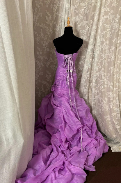 Artistic Strapless Mermaid Evening Gowns Handmade Flowers Beads Ruffles Train Purple Prom Dress AP2991