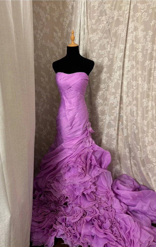Artistic Strapless Mermaid Evening Gowns Handmade Flowers Beads Ruffles Train Purple Prom Dress AP2991