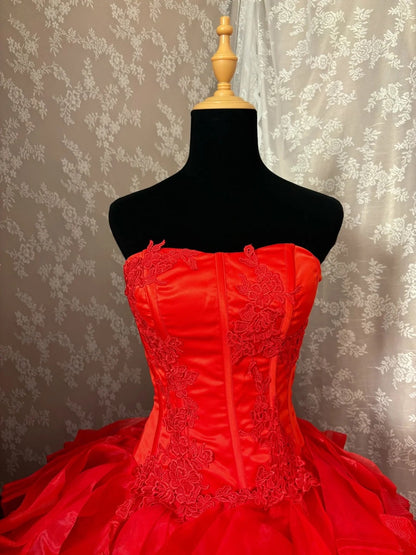 Dreamy Strapless A-Line Evening Dress Appliques Red Ruffles Tulle Prom Dress AP2992