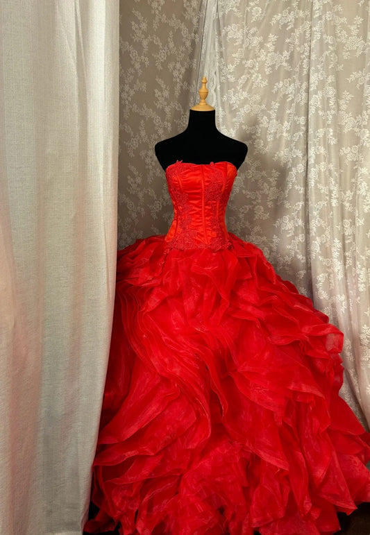 Dreamy Strapless A-Line Evening Dress Appliques Red Ruffles Tulle Prom Dress AP2992