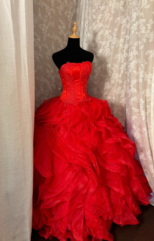 Dreamy Strapless A-Line Evening Dress Appliques Red Ruffles Tulle Prom Dress AP2992