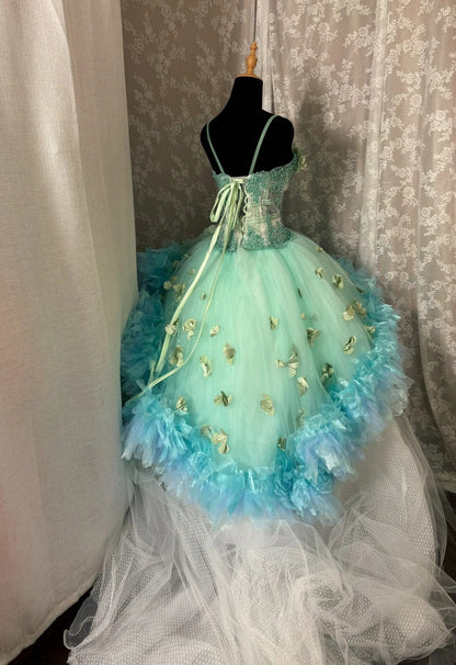 Gorgeous Spaghetti Straps A-Line Sweet 16th Ball Gowns Appliques Beadings Ruffles Prom Dress AP2996