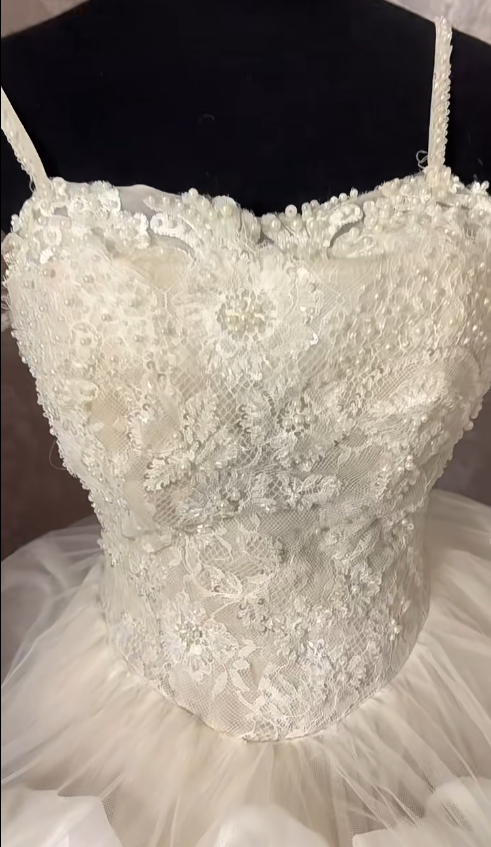 Glam A-Line Spaghetti Strap Bridal Gowns Beads Sequins Lace Handmade Flowers Long Wedding Dress AP2997