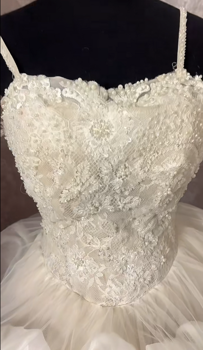 Glam A-Line Spaghetti Strap Bridal Gowns Beads Sequins Lace Handmade Flowers Long Wedding Dress AP2997