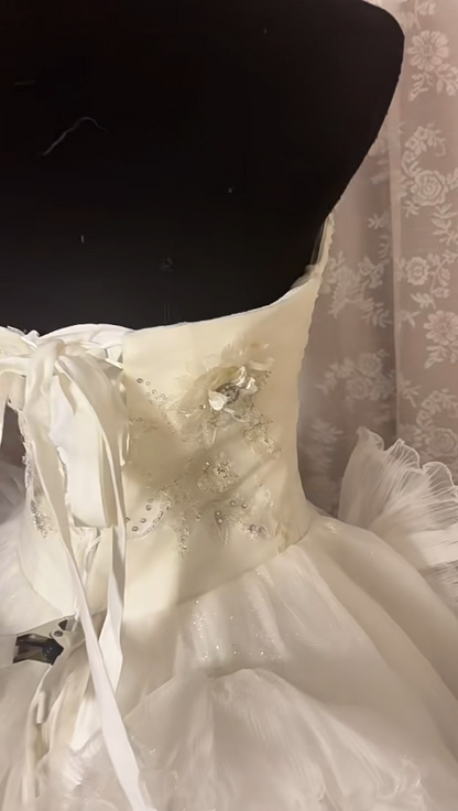 Glamorous Strapless A-Line Bridal Gowns Sequins Rhinestones Handmade Flowers Wedding Dress AP2998