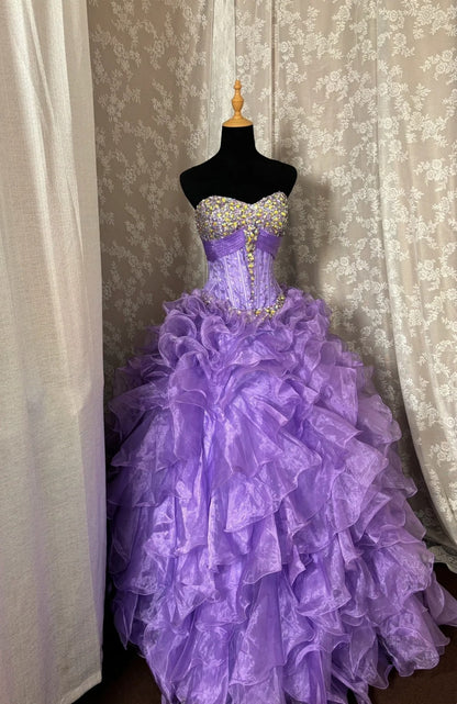 Stunning Strapless A-Line Evening Ball Gowns Sequins Crystals Beads Ruffled Prom Dress AP3000