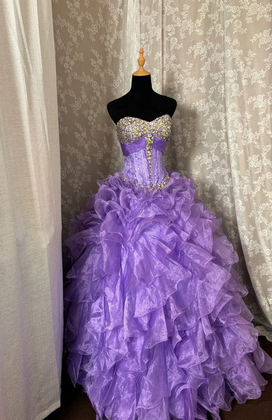 Stunning Strapless A-Line Evening Ball Gowns Sequins Crystals Beads Ruffled Prom Dress AP3000