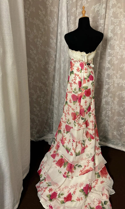 Minimalist Strapless Sheath Sweet 16th Dresses Sequins Floral Print Prom Dress AP3006