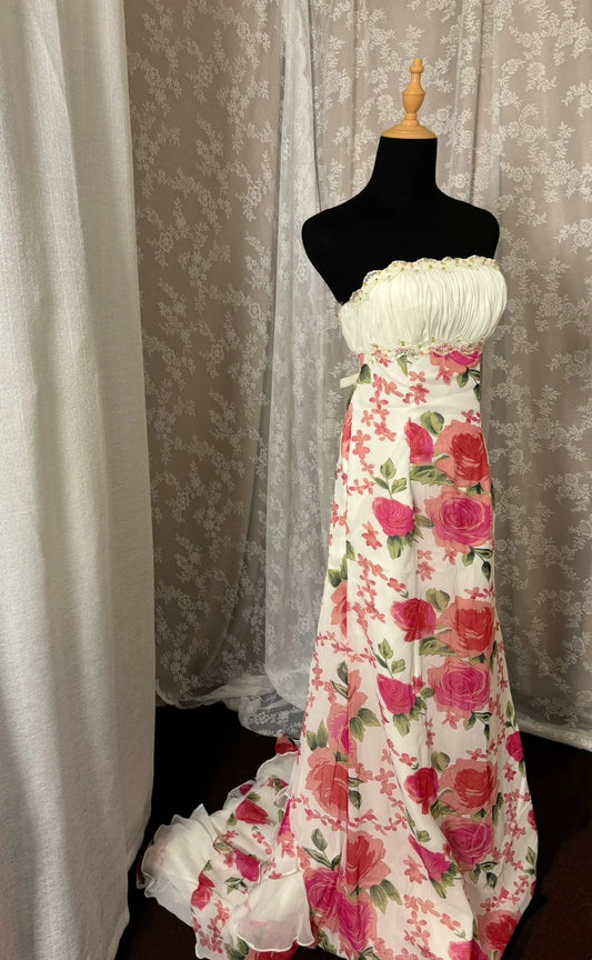 Minimalist Strapless Sheath Sweet 16th Dresses Sequins Floral Print Prom Dress AP3006