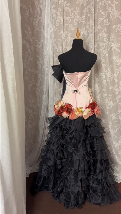 Dopamine Style Strapless A-Line Evening Ball Gowns Handmade Flowers Bow Ruffles Tulle Prom Dress AP3010