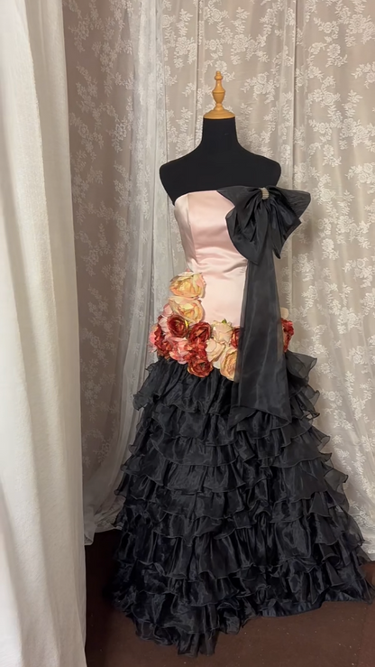 Dopamine Style Strapless A-Line Evening Ball Gowns Handmade Flowers Bow Ruffles Tulle Prom Dress AP3010