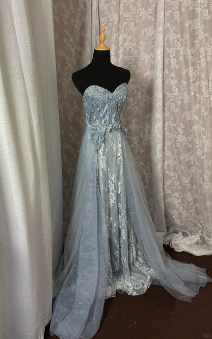 Modern Strapless A-Line Evening Gowns Sequins Beads Appliques Lace Prom Dress AP3022