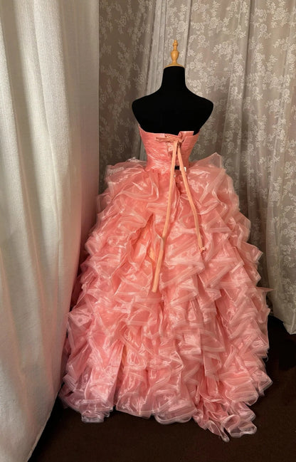 Pretty Strapless A-Line Evening Gowns Handmade Flowers Beading Ruffles Prom Dress AP3024