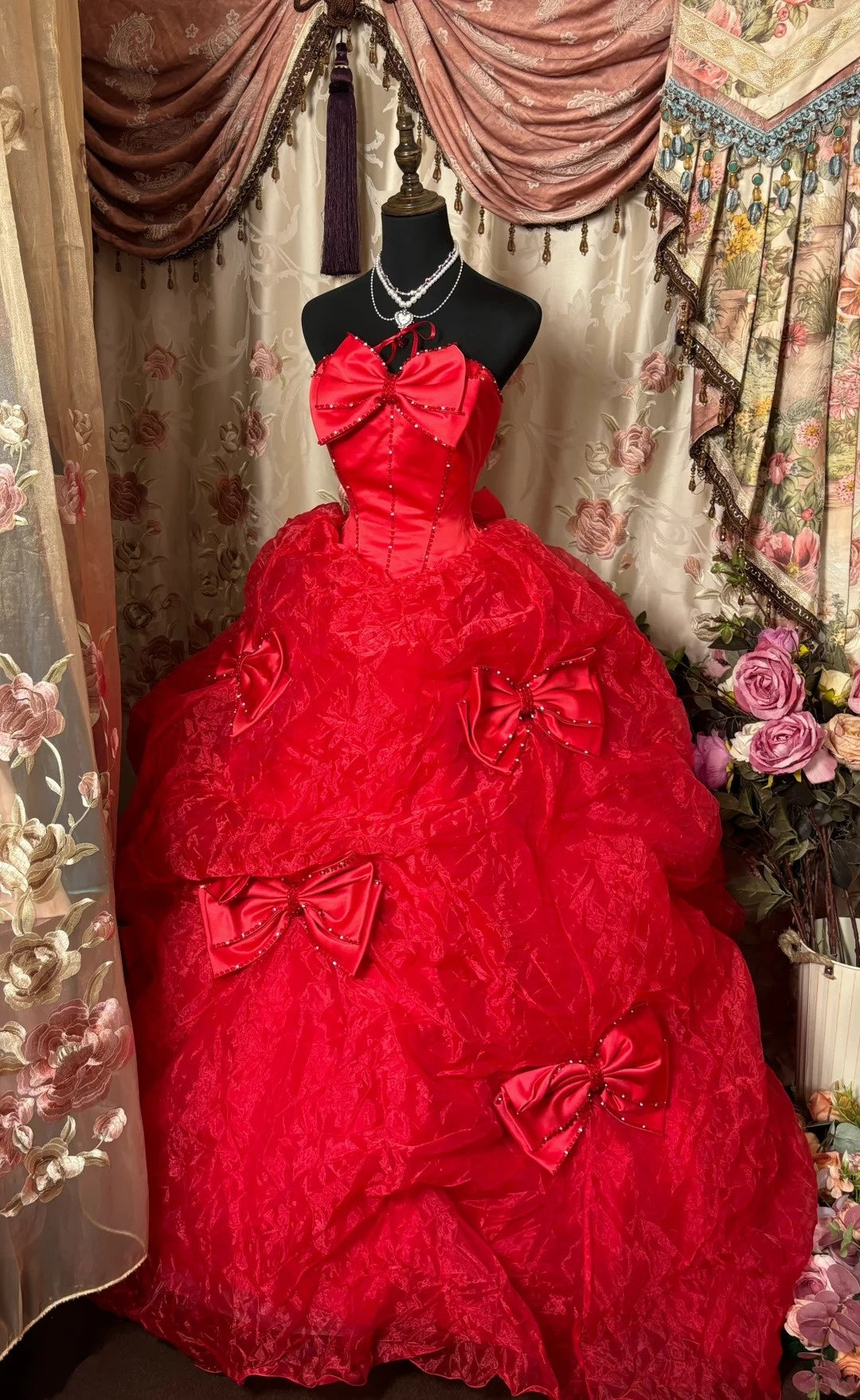 Maximalism Strapless A-Line Evening Gowns Bows Beads Prom Dress AP3025