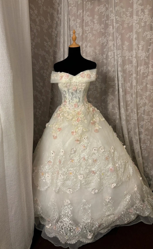 Delicate Off-Shoulder A-Line Evening Gowns Appliques Beads Lace Prom Dress AP3027