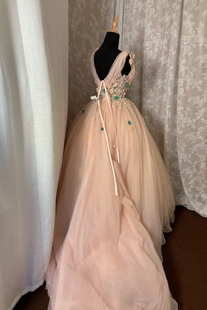 Luxurious A-Line V-Neck Evening Gowns Appliques Beads Sequins Tulle Prom Dress AP3034