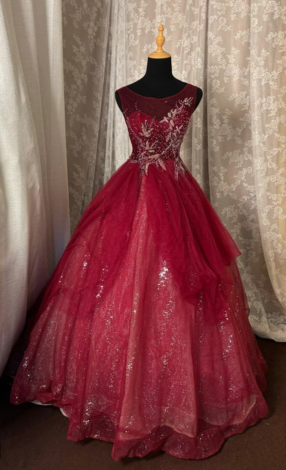 Luxury A-Line Jewel Neck Evening Gowns Sequins Appliques Beads Tulle Prom Dress AP3035