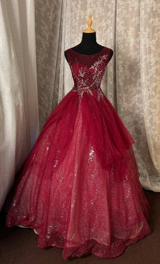 Luxury A-Line Jewel Neck Evening Gowns Sequins Appliques Beads Tulle Prom Dress AP3035