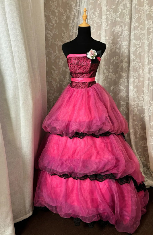 Classical Strapless A-Line Sweet 16th Gowns Handmade Flowers Sequins Tiered Prom Dress AP3038