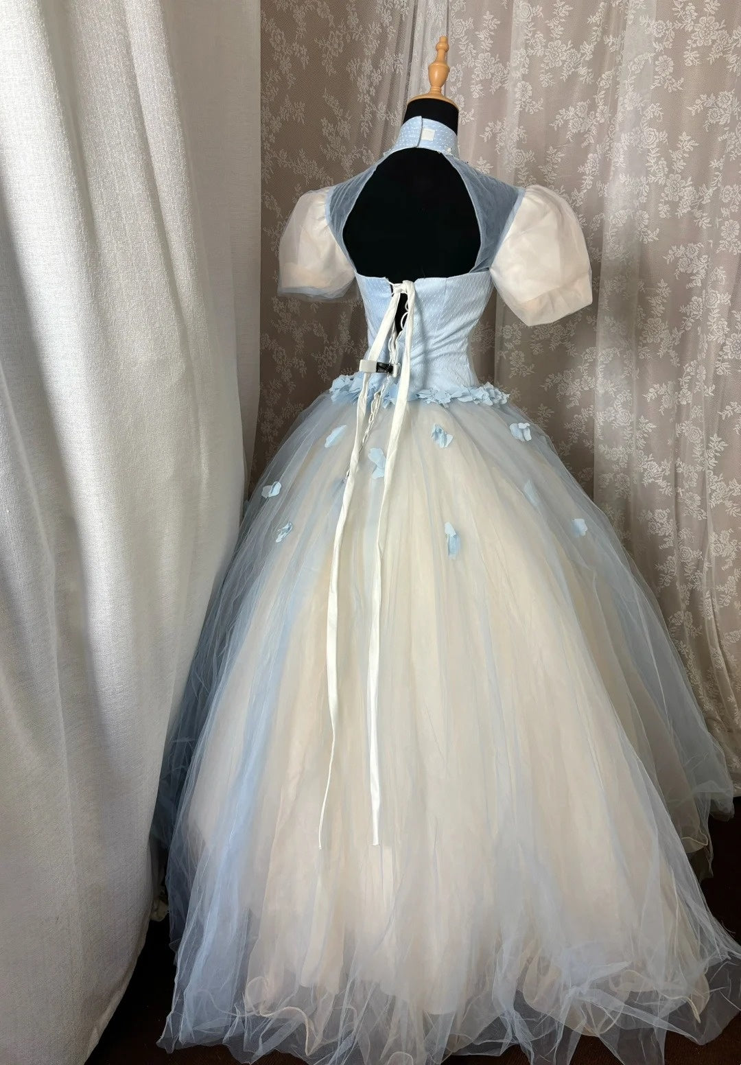 Fantastic High Collar A-Line Sweet 16th Gowns Puffy Sleeve Appliques Sequins Prom Dress AP3039