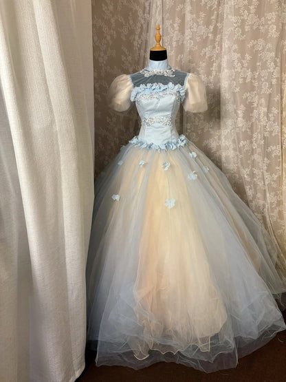 Fantastic High Collar A-Line Sweet 16th Gowns Puffy Sleeve Appliques Sequins Prom Dress AP3039