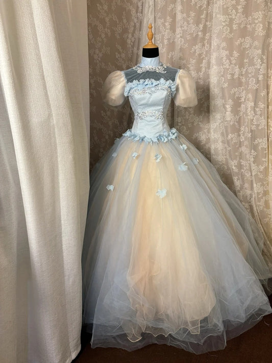 Fantastic High Collar A-Line Sweet 16th Gowns Puffy Sleeve Appliques Sequins Prom Dress AP3039