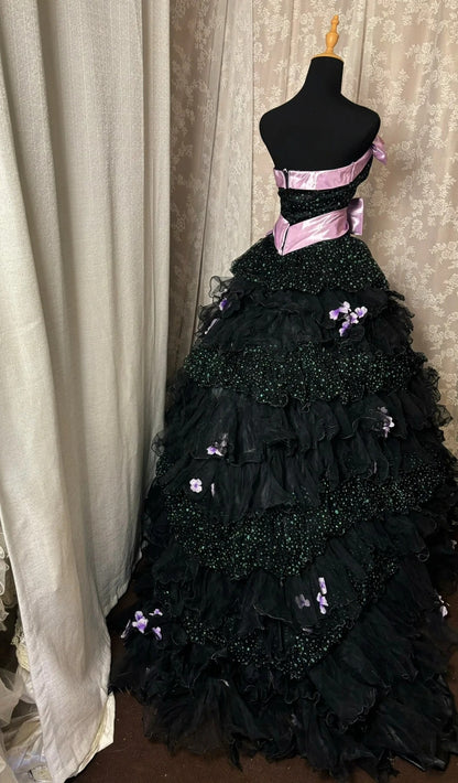 Alluring Strapless A-Line Sweet 16th Gowns Bows Sequins Tiered Tulle Prom Dress AP3047