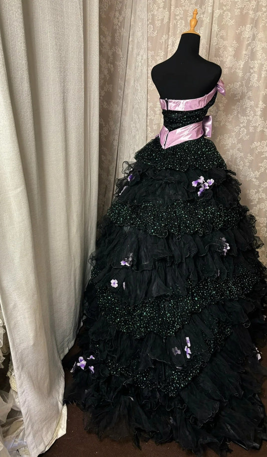 Alluring Strapless A-Line Sweet 16th Gowns Bows Sequins Tiered Tulle Prom Dress AP3047