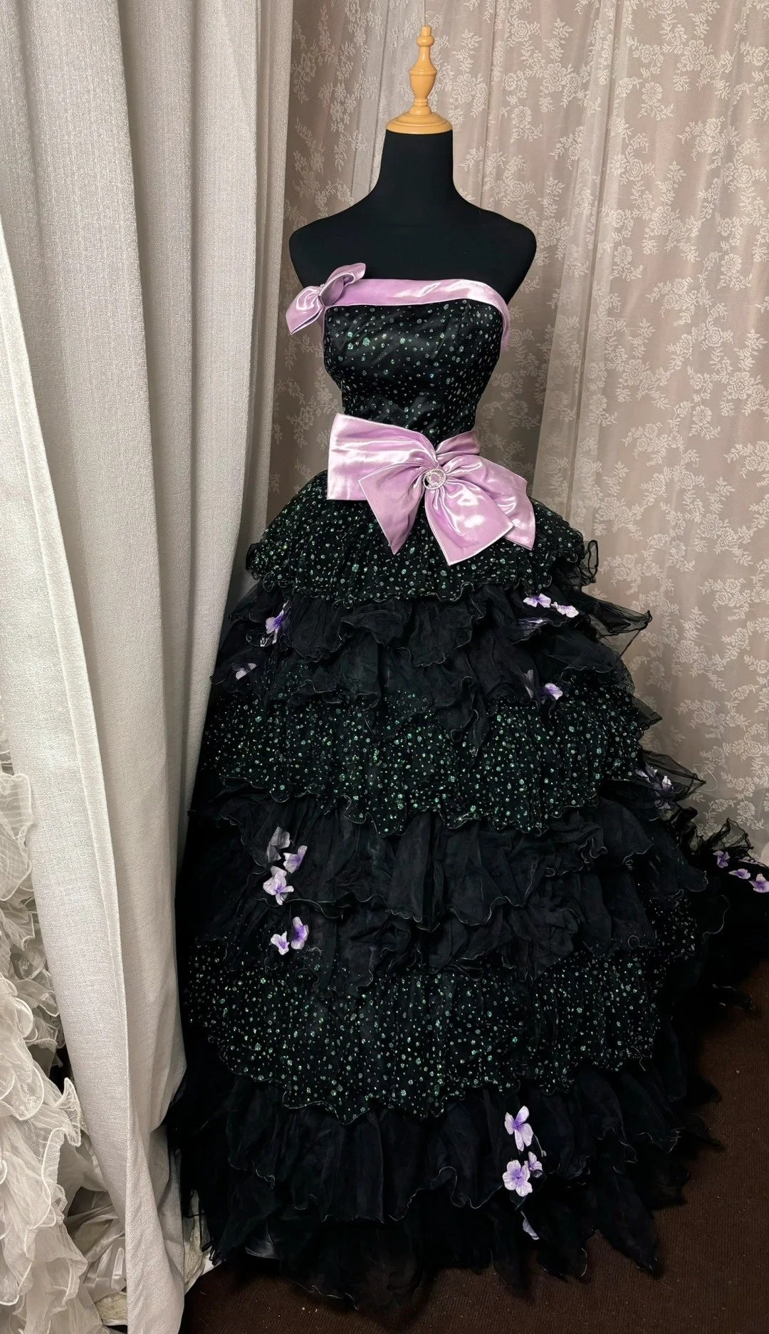 Alluring Strapless A-Line Sweet 16th Gowns Bows Sequins Tiered Tulle Prom Dress AP3047