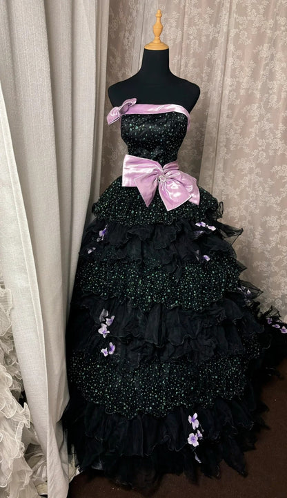 Alluring Strapless A-Line Sweet 16th Gowns Bows Sequins Tiered Tulle Prom Dress AP3047