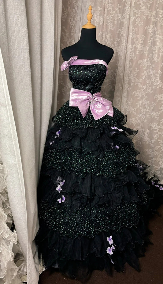 Alluring Strapless A-Line Sweet 16th Gowns Bows Sequins Tiered Tulle Prom Dress AP3047