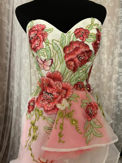 Glamorous Strapless A-Line Birthday Gowns Appliques Sequins Beads Ruffled Homecoming Dress AP3050