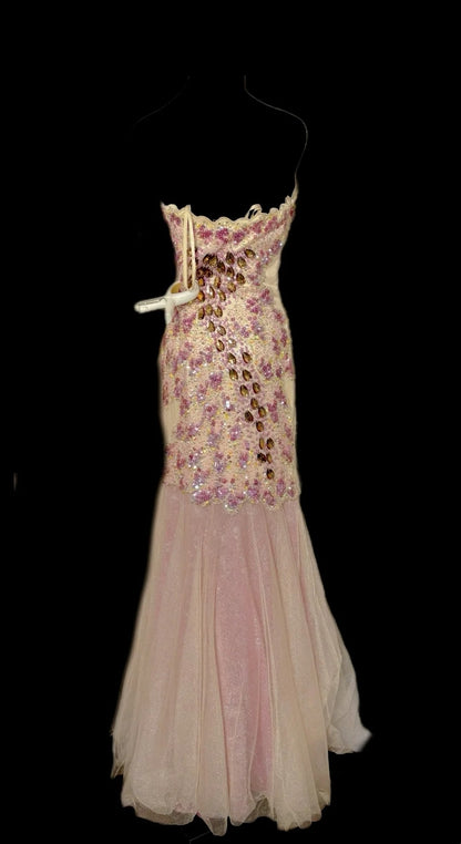 Dramatic Strapless Mermaid Evening Gowns Sequins Crystals Lace Beadings Long Prom Dress AP3051