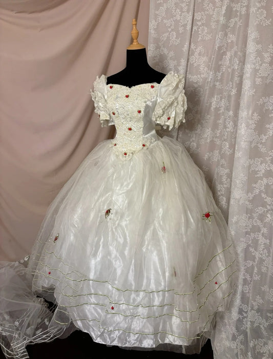 3D Floral Square Neck A-line Evening Gowns Applique Pearls Sequins Puffy Sleeve Long Prom Dress AP3052