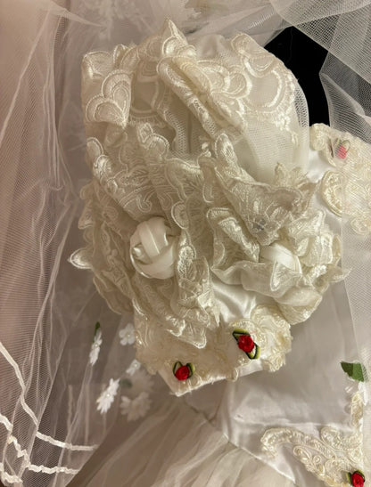 3D Floral Square Neck A-line Evening Gowns Applique Pearls Sequins Puffy Sleeve Long Prom Dress AP3052