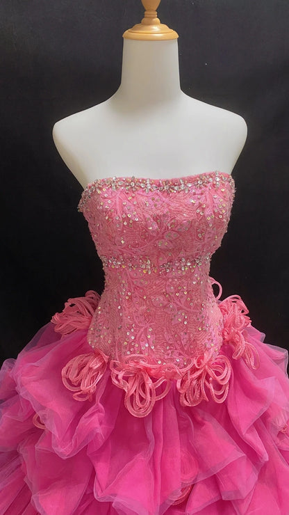 Novelty Strapless A-Line Sweet 16th Gowns Crystals Sequins Handmade Flowers Tiered Prom Dress AP3054