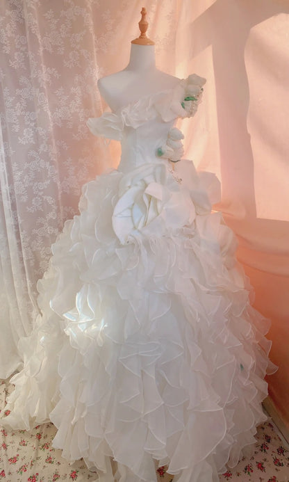 French Style A-Line One Shoulder Bridal Gowns Handmade Flowers Beads Crystals Wedding Dress AP3057